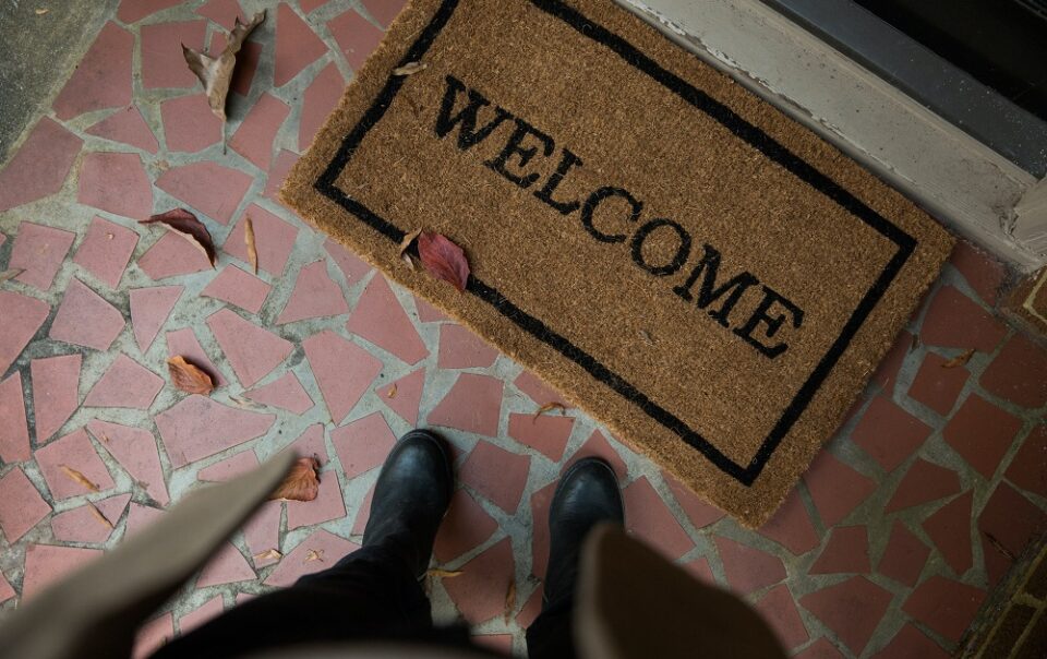 Floor mat reading Welcome